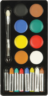 sminke-palet med stifter og pensel 2 x 8 farver