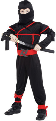 Ninja kostume rød/sort, 130-140 cm