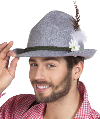 Tyrolerhat med blomst og fjer, grå